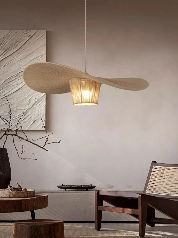 Wabi Sabi style hemp rope restaurant chandelier medieval living room bedroom dining room homestay straw hat lighting fixture