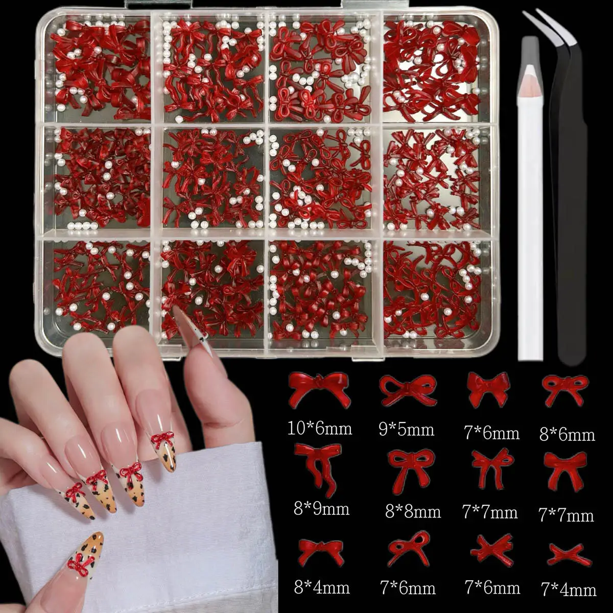 

12 Grids/Box Wine Red Multi-Style Resin Bow Nail Charms Mini Bow Pearl Mixed Nail Art Decoration Parts Supplies for Manicure DIY