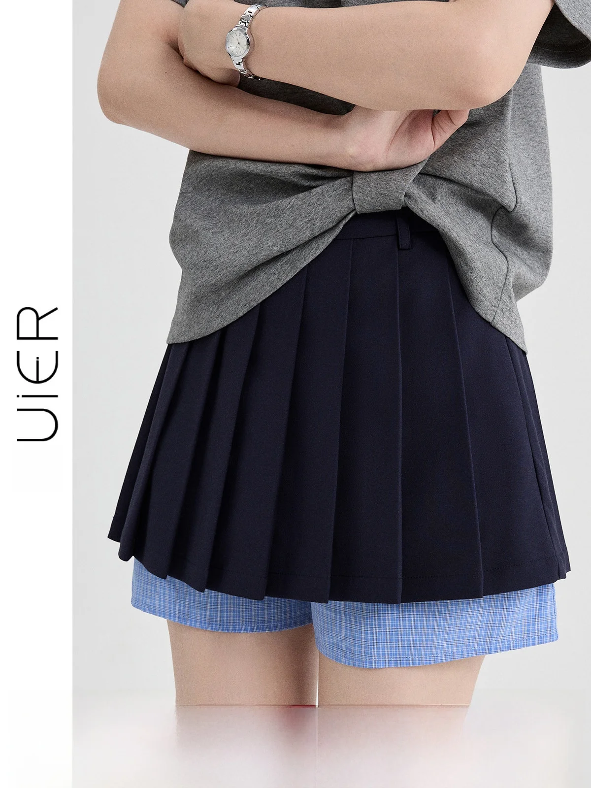 

Guier High Waist A-Line Skirt Women's 2026 New Summer Pleated Slimming School Style Short Skirt Fake Two-Piece Design