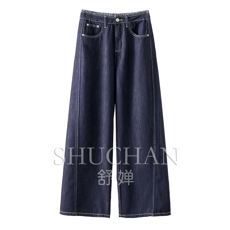 

Soft Denim, French Accent Bright Line Cotton Straight Wide-leg Pants Women's 55B8 Pantalones Mujer Verano 2025