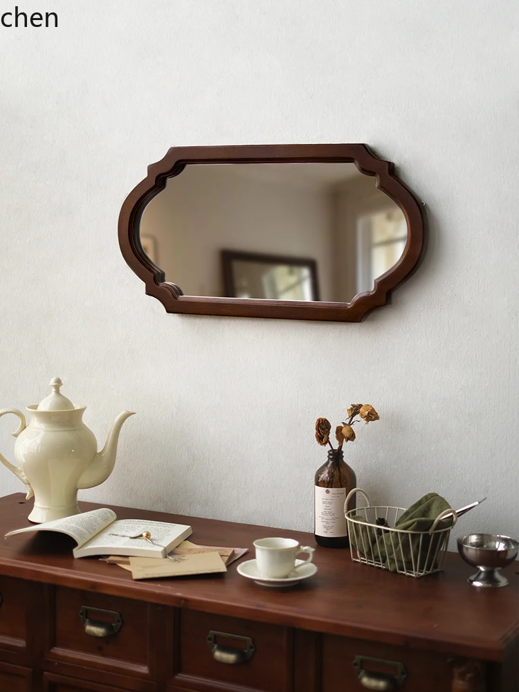 HT  Retro Decorative Mirror Solid Wood Bathroom Mirror Living Room Wall-Mounted Wall Surface Bathroom