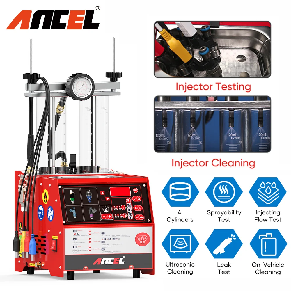 ANCEL AJ400 Motorcycle Fuel Injector Cleaner Tester Ultrasonic Cleaning Tool 4-Cylinder