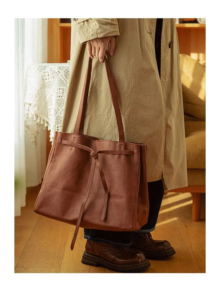 simple designer handmade high-quality soft genuine leather women's high-capacity tote bag casual vintage 14-inch laptop handbag