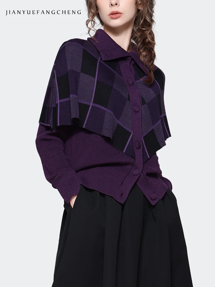 Fashion Women Purple Knitted Sweater With Plaid cloak Long Sleeve Turn-down Collar Outwear Knitted Tops 2023 Autumn Winter New