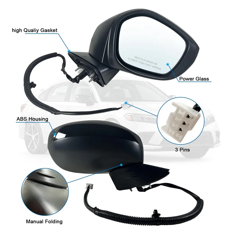 

Side Mirror For 2022 2023 Honda Civic Sedan/Hatchback With Power Glass, Manual Folding, Replace HO1321350 (Right 3 Pin) Parts-A6