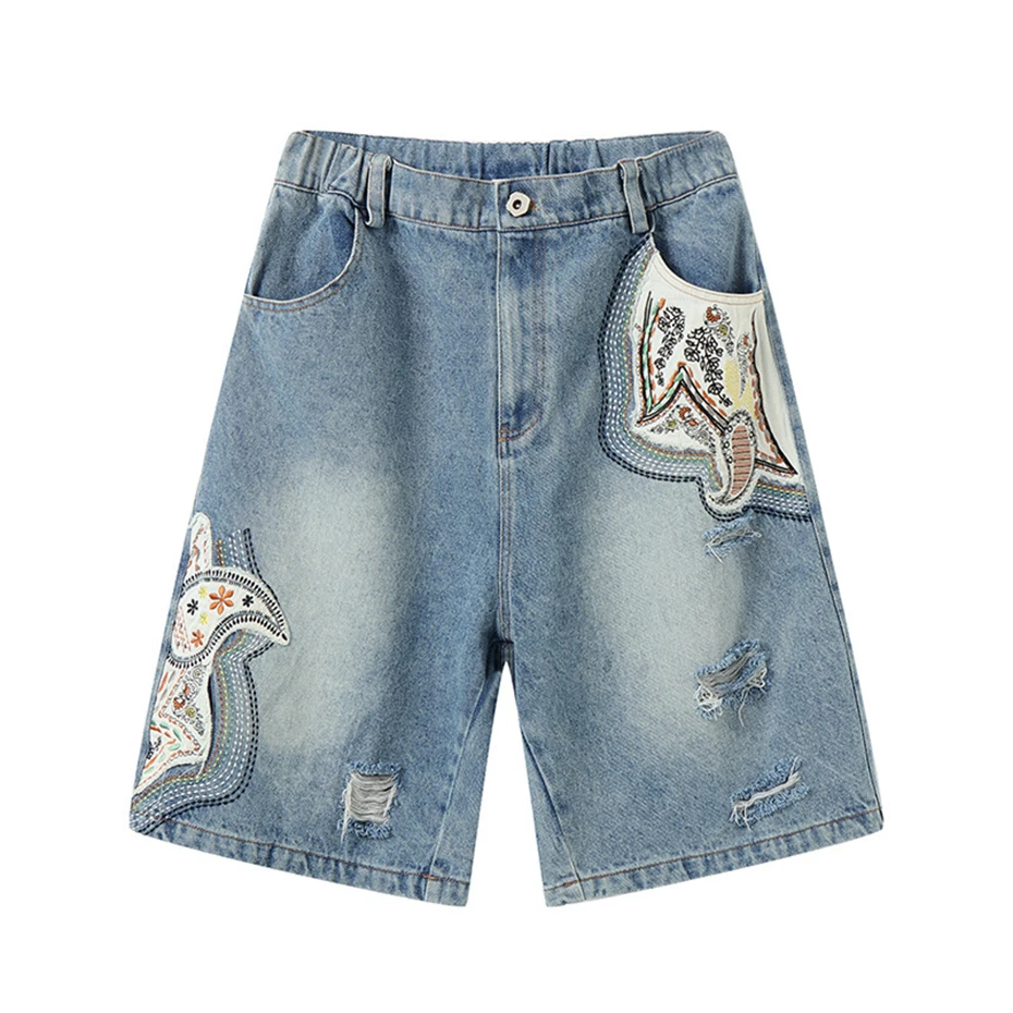 

Hip Hop Denim Shorts Men Streetwear Vintage Ripped Hole Jeans Short Oversized Harajuku Embroidery Patch Baggy Knee Length Pants