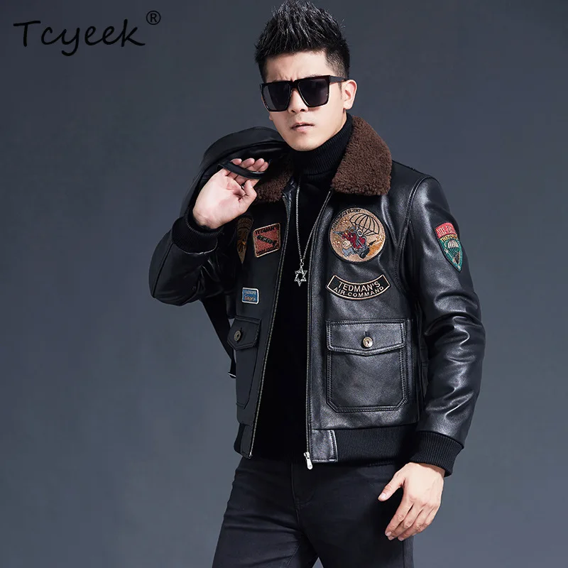 Tcyeek Real Leather Jacket Men Lamb Wool Collar Autumn Winter Clothes Embroidery 100% Cowhide Coat Men Trendy Jaqueta De Couro