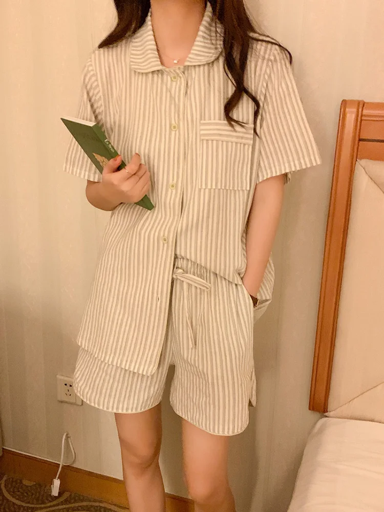 

Plaid Stripe Summer Simple Sleepwear 100%Cotton Short Sleeved Shorts Pajama Set Korean Style Elegant Casual Two Piece Set Ins