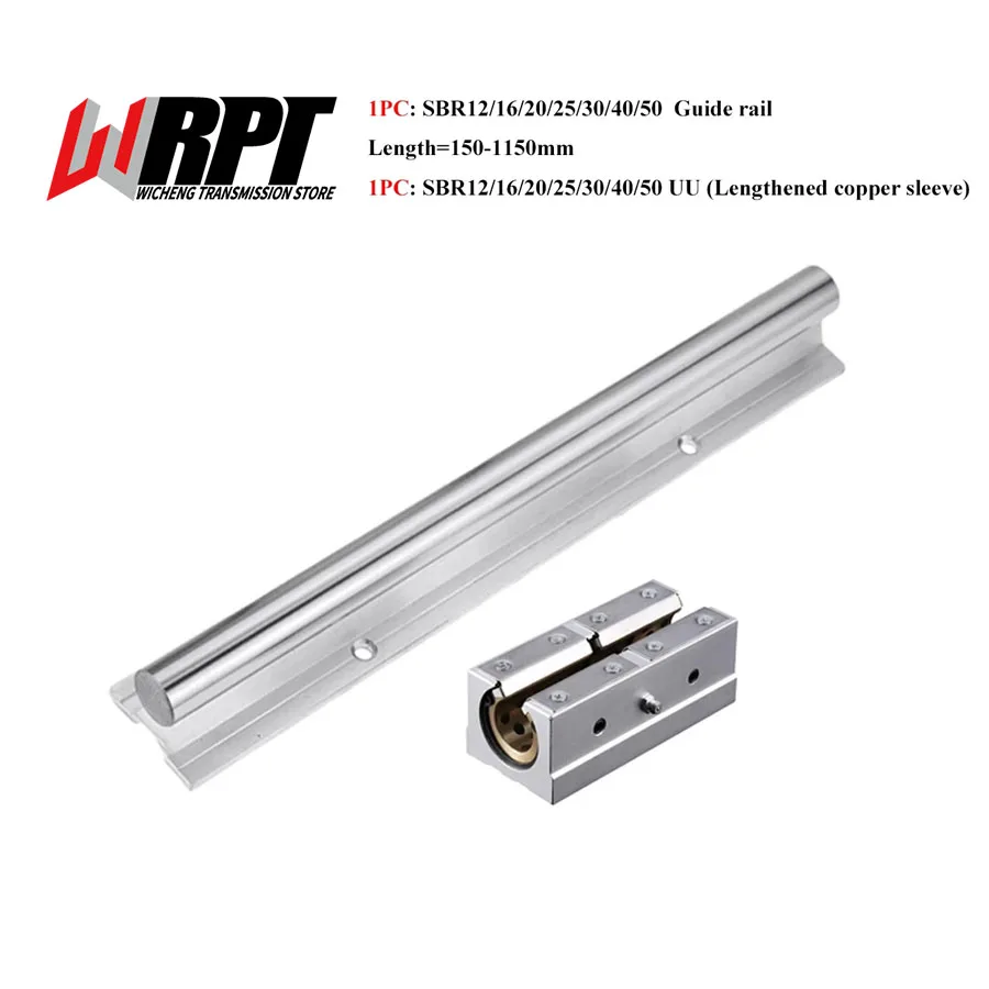 Linear Guide 1PC SBR12 16 20 25 30 35 40 50 Length 150-1150mm 1PC SBR12-50LUU Lengthened copper sleeve Slider CNC Printer Parts