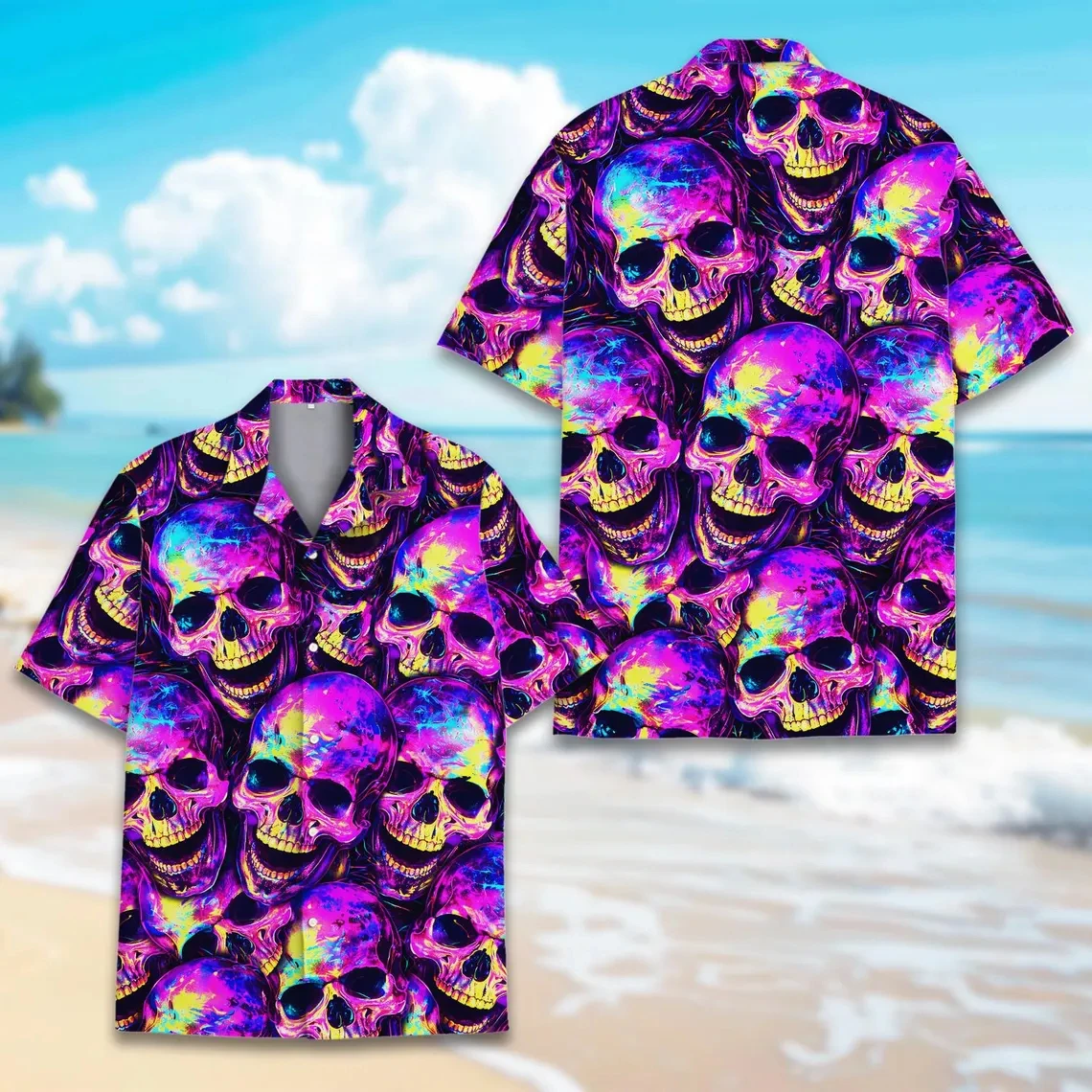 

Men Vintage Floral Skull Print Hawaiian Shirt Summer Casual Button Down Beach blouses Retro Skull With Flowers Aloha Shirts
