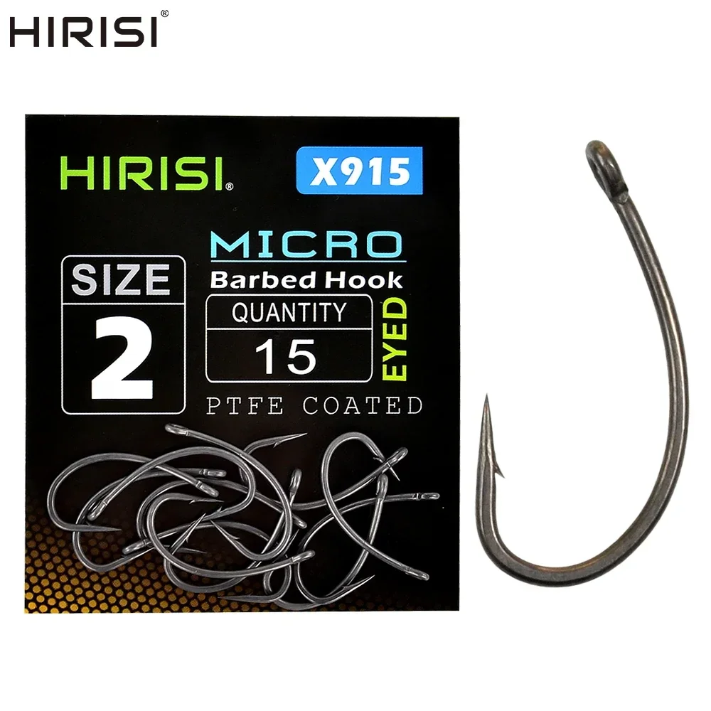 Hirisi 15x Carp Fishing Hooks With Eye Micro Barb High Carbon Steel Fish Hooks PTFE Coated Fishing Accessories X915