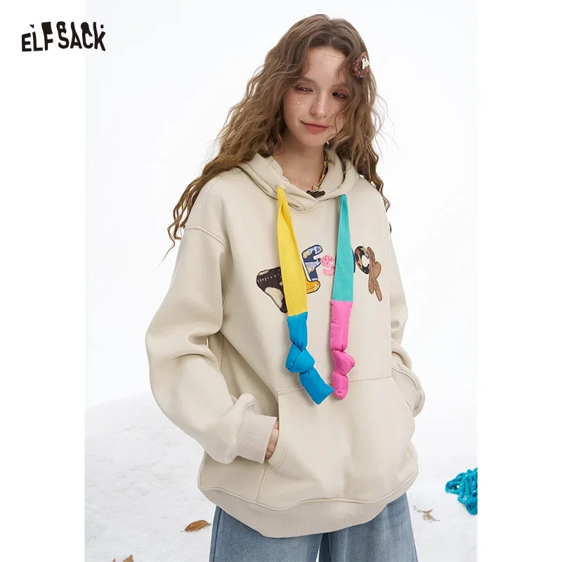 ELFSACK Y2K Casual Loose Solid Letter Graphic Color Drawstring Hooded Sweatshirt For Women