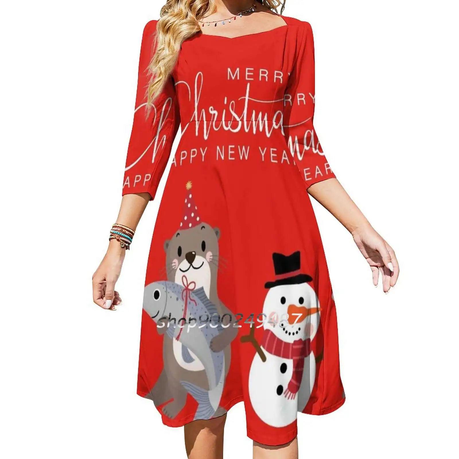 Christmas Otter ( Holding A Gift Fish ) With A Snowman ( Square Neck Dress New Plus Size Elegant Women Waist Tight Dress Merry