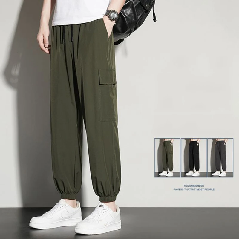 

Men's Premium Ice Silk Breathable Cargo Pants Male Lightweight Quick Dry Loose Fit Ankle Length Pants Fashion Taper Leg Slacks