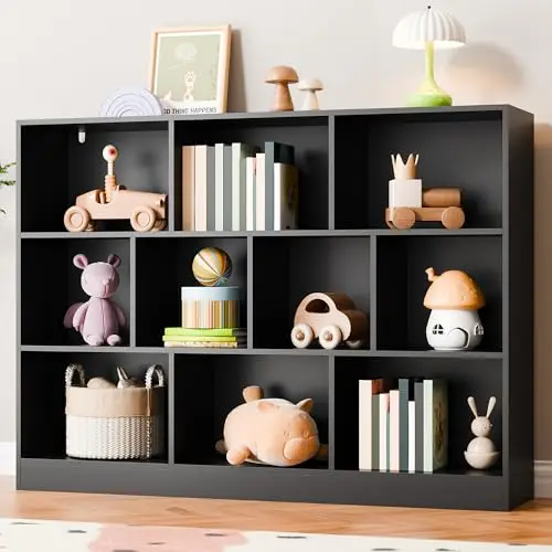 Black Bookshelf, 3-Tier Open Shelf Bookcase, 10 Cube Storage Organizer with Anti-Tilt Device for Bedroom, Living Room