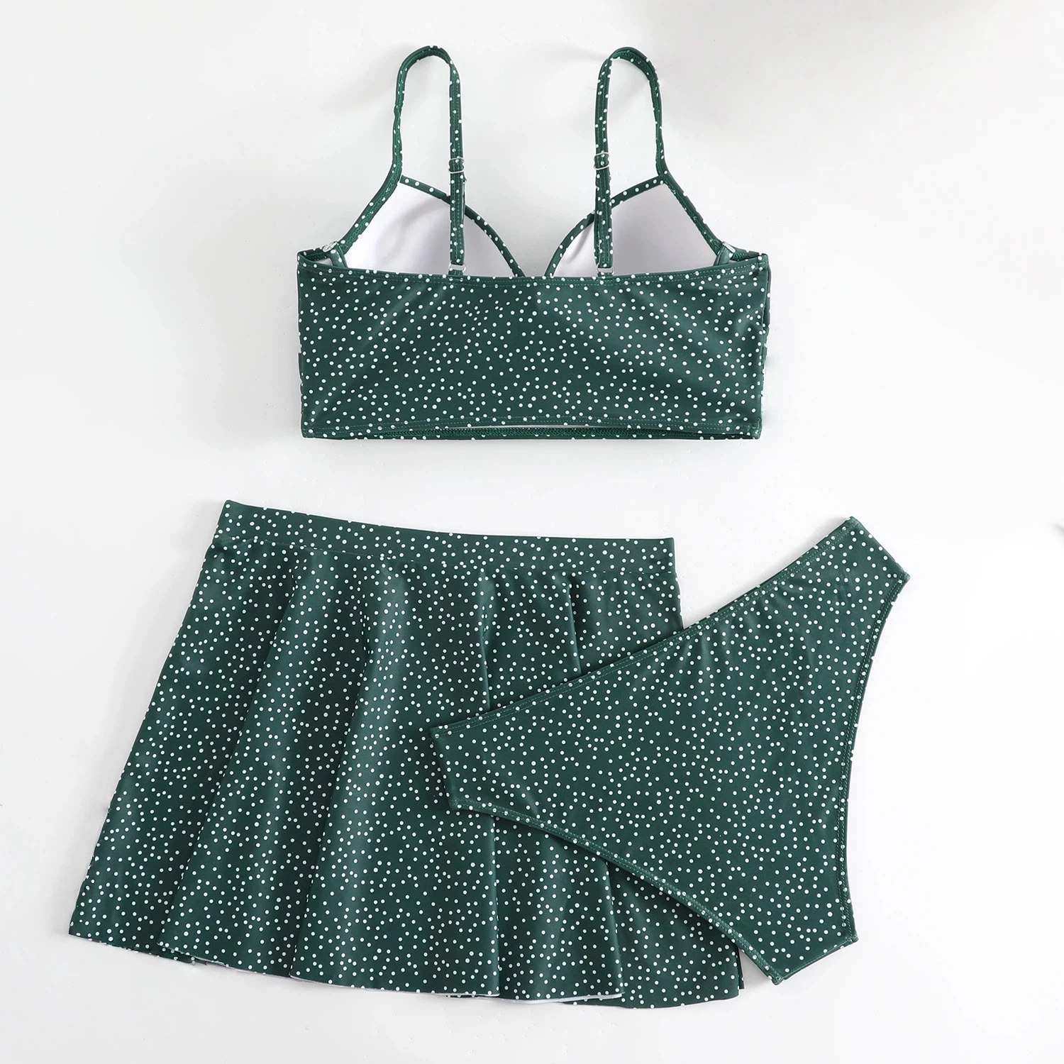 Ensemble Bikini à pois vert foncé pour femmes, haut croisé sur le devant avec jupe inférieure pour les vacances à la plage, maillot de bain
