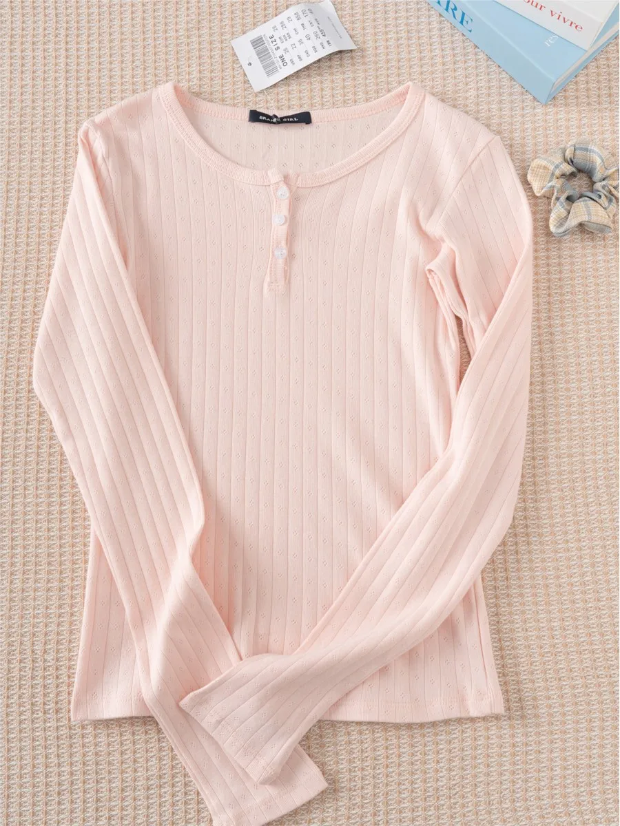 

Sweet Pink Hollow Out Cute Cotton T-shirts Femme Button Casual Slim Long Sleeve Tees Women Basic Chic Vintage Tops Clothes Y2K