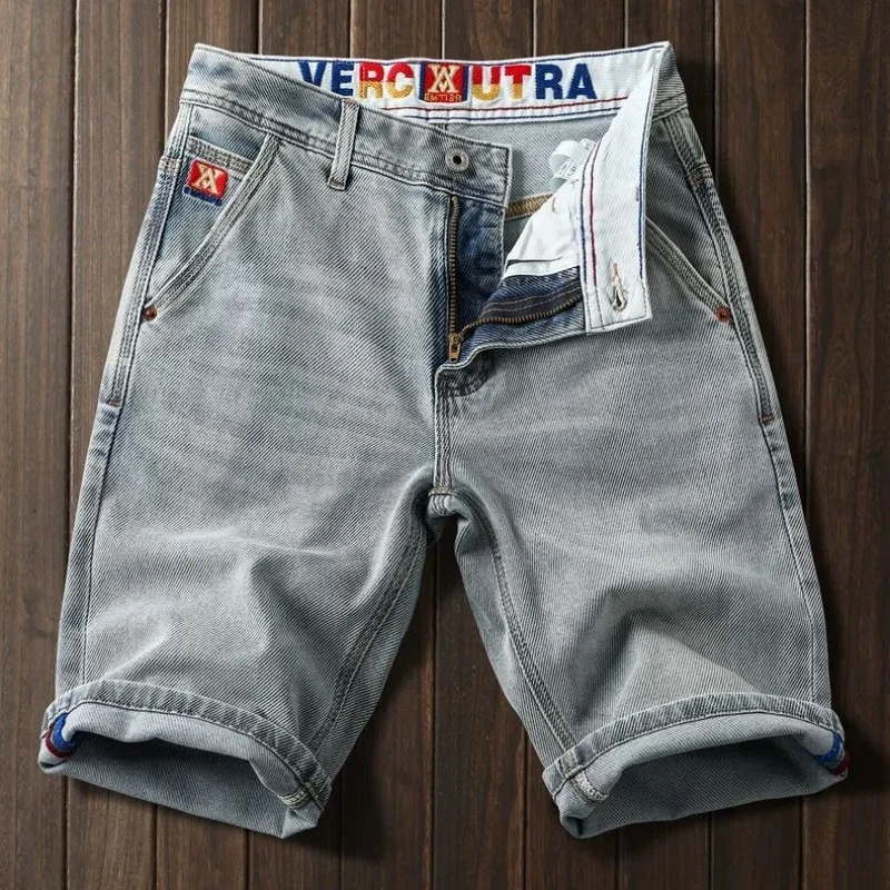

New Summer Fashion Solid Color American Retro Straight Leg Stretch Shorts Men's Casual Loose Fit High Quality Denim Shorts