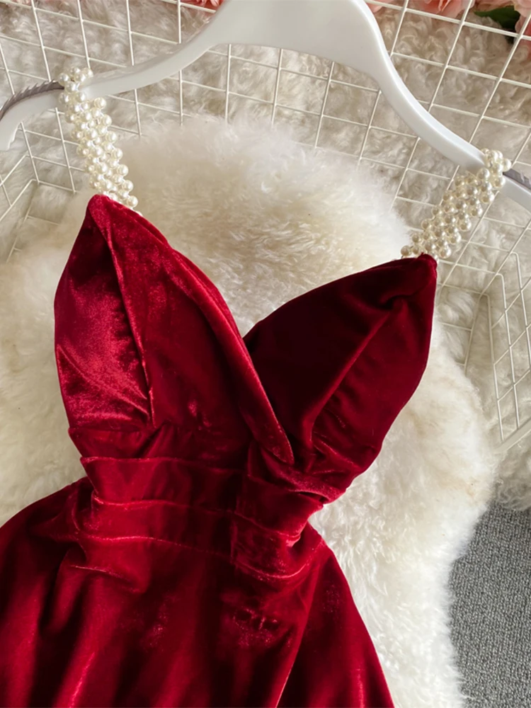 Women\'s Christmas Red A-line Mini Evening Velvet Dress Vintage Off Shoulder Luxury Dresses Y2k One Piece Frocks 2000s Clothes