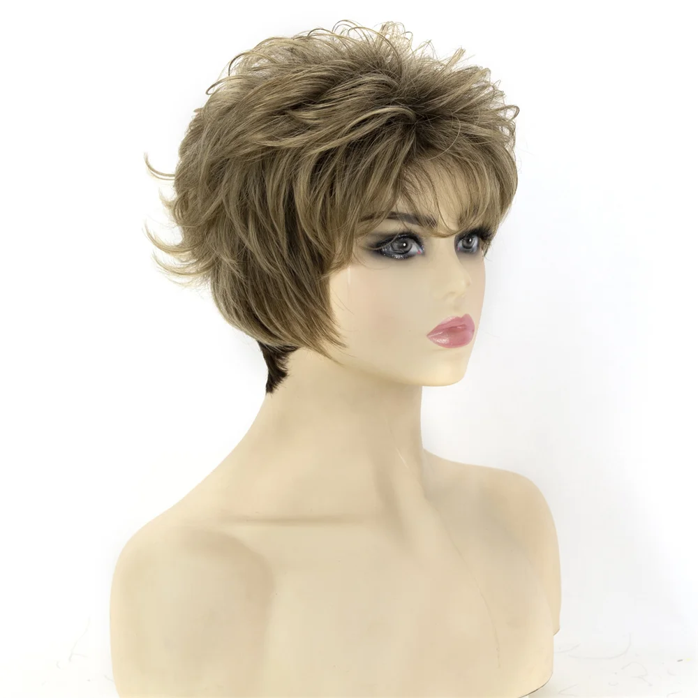 Short Pixie Cut Synthetic Wigs For Women Natural Straight Curly Ombre Blonde with Bangs Hair Style Daily Use Womens Hair Wig