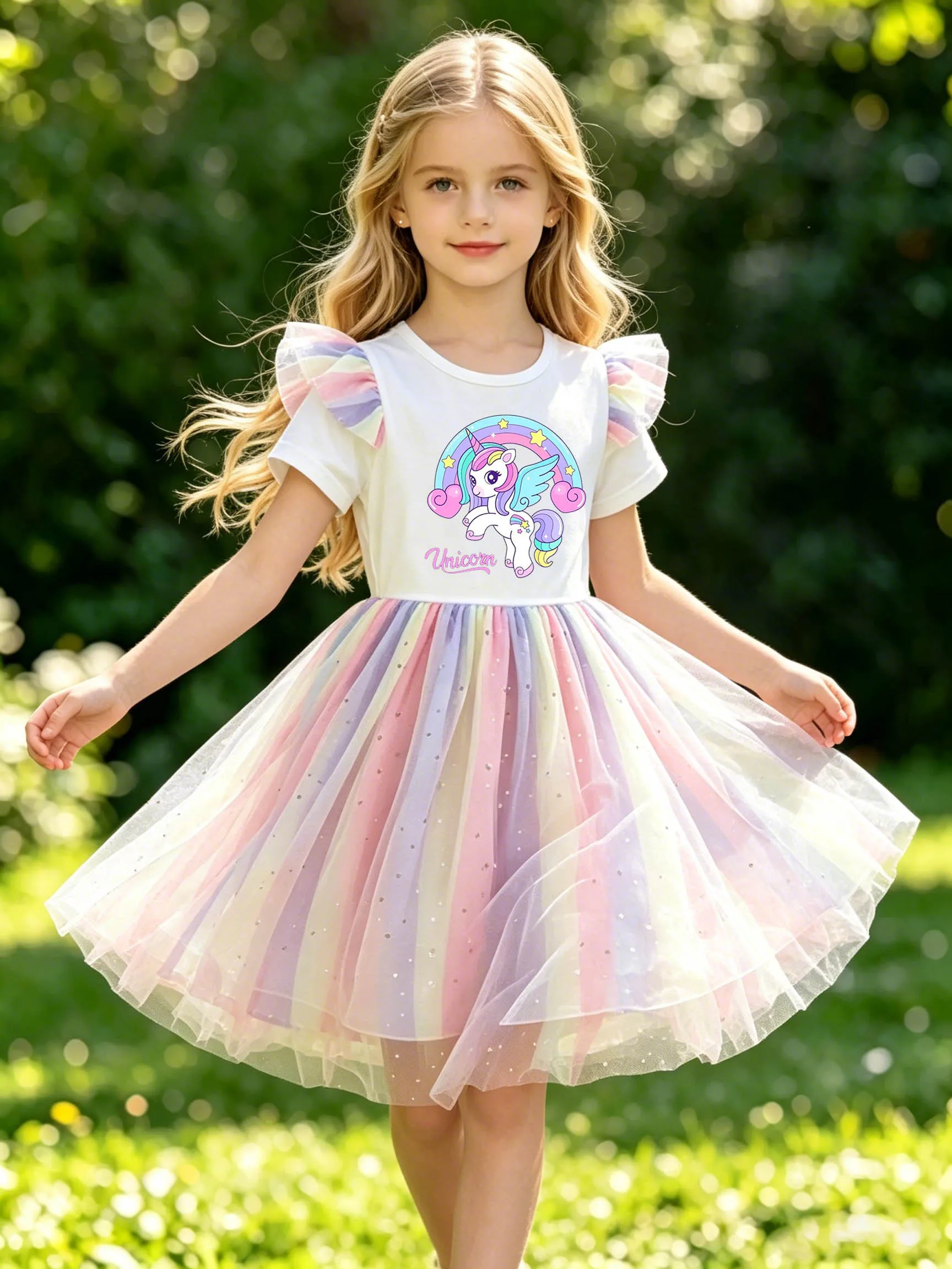 Little Girls' Dress with Rainbow Wings, Unicorn Prints and Flutter Sleeves, Summer Puffy Princess Skirt with Sequined Gradient T
