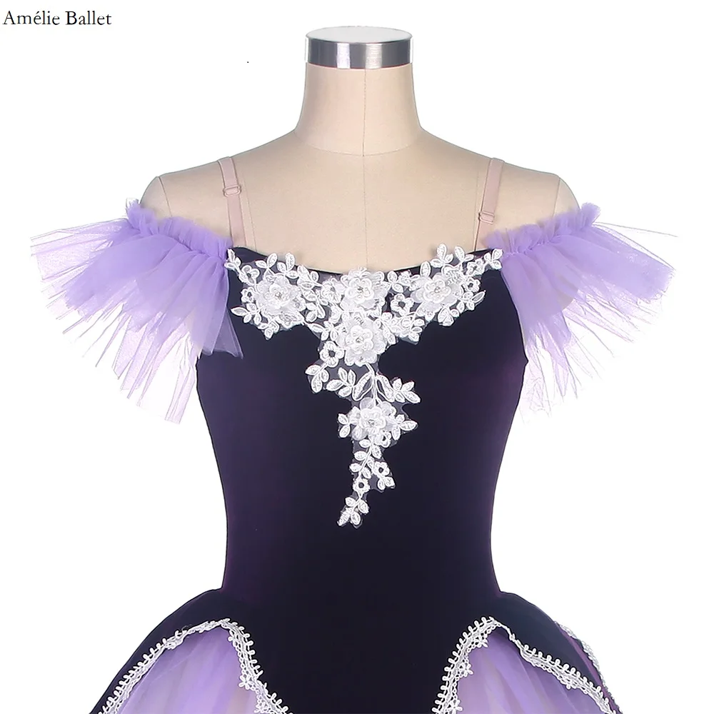 

22059 Темно-фиолетовый бархатный топ с открытыми плечами и фиолетовая романтическая длинная юбка-пачка для девочек и женщин, костюмы для сценических выступлений