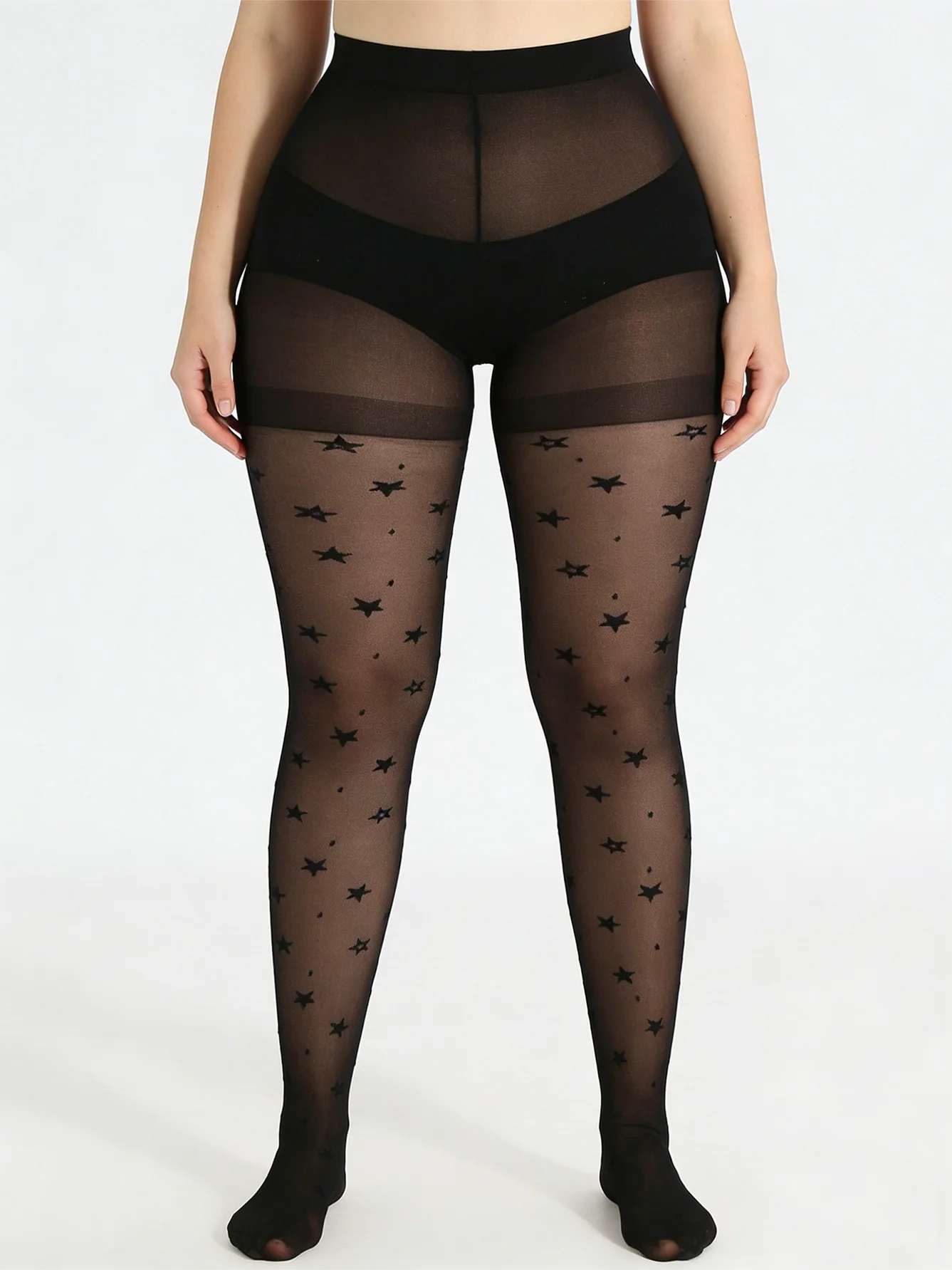 1 Paar Damen-Strumpfhosen in Übergröße, schwarz, Sternmuster, leicht, kühl, durchscheinend, für den Sommer – Detail 5