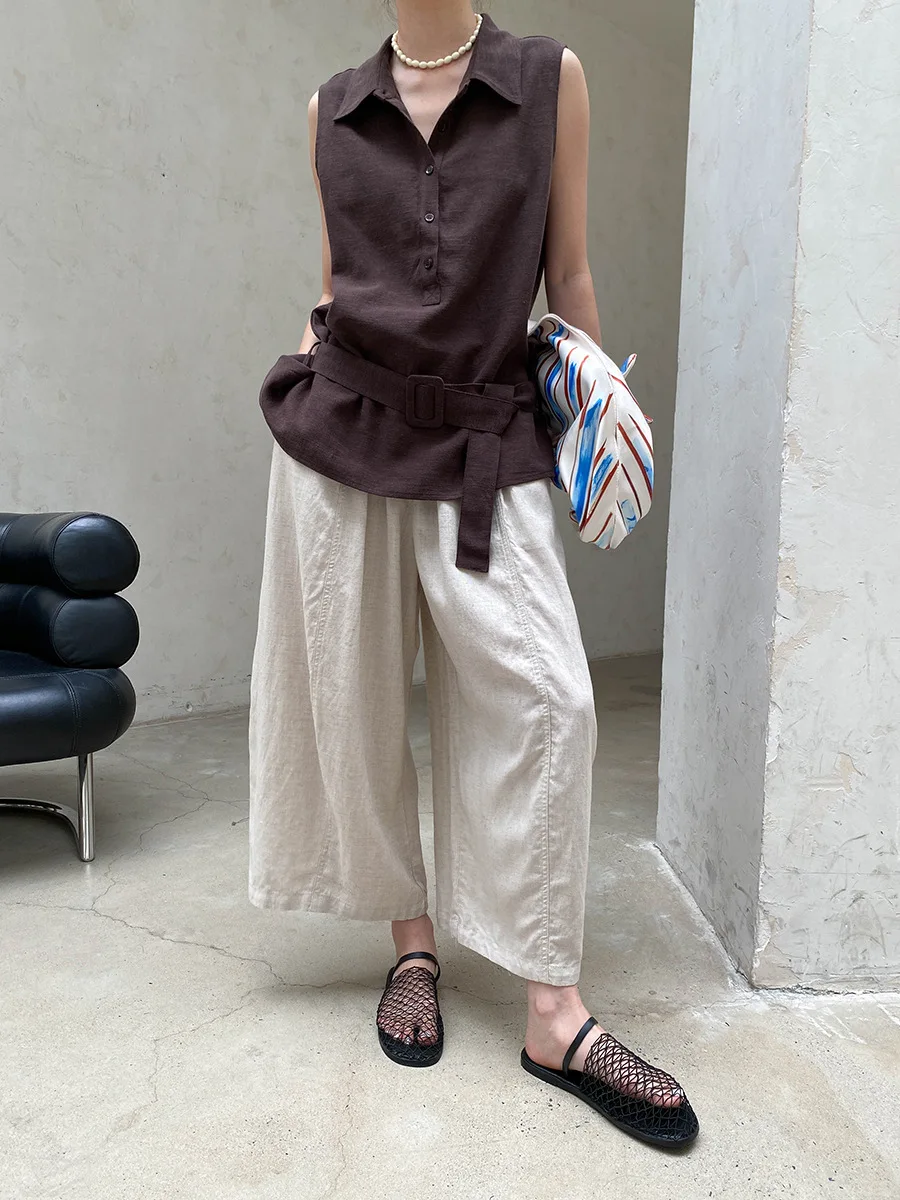 Sommerliche High-Waist-Hose mit weitem Bein für Damen, lässige, einfarbige, locker sitzende Hose – Detail 8