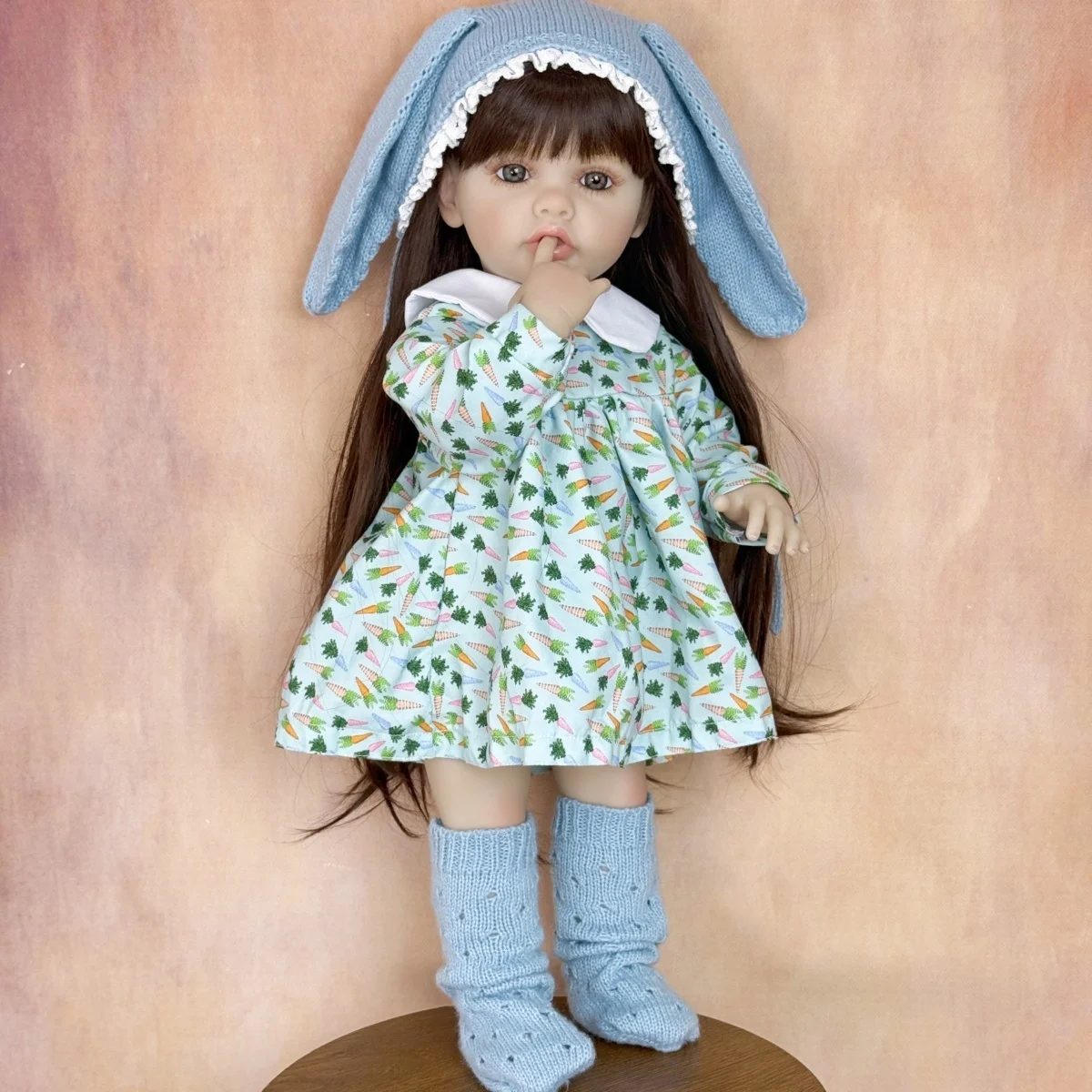 

BZDOLL 55 CM Full Vinyl Body Reborn Baby Doll Dress Up Brown Long Hair Princess Toddler Sweet Girl Doll Handmade Birthday Gift