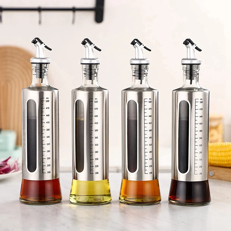 4 Pack Oil Bottle, 500Ml Olive Oil Vinegar Dispenser Bottle Set, Stainless Steel Glass Oil Dispenser With 1Pcs Funnel