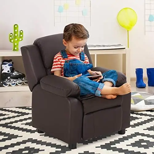 キッズリクライニングチェア 2-in-1 収納付き、調節可能なフットレストとヘッドレスト、コーヒー（対象年齢3歳以上）