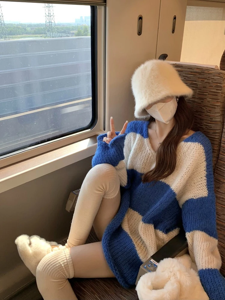 

Свободный вязаный свитер с v-образным вырезом, женский полосатый удобный зимний свитер средней длины, новый милый модный теплый шерстяной топ