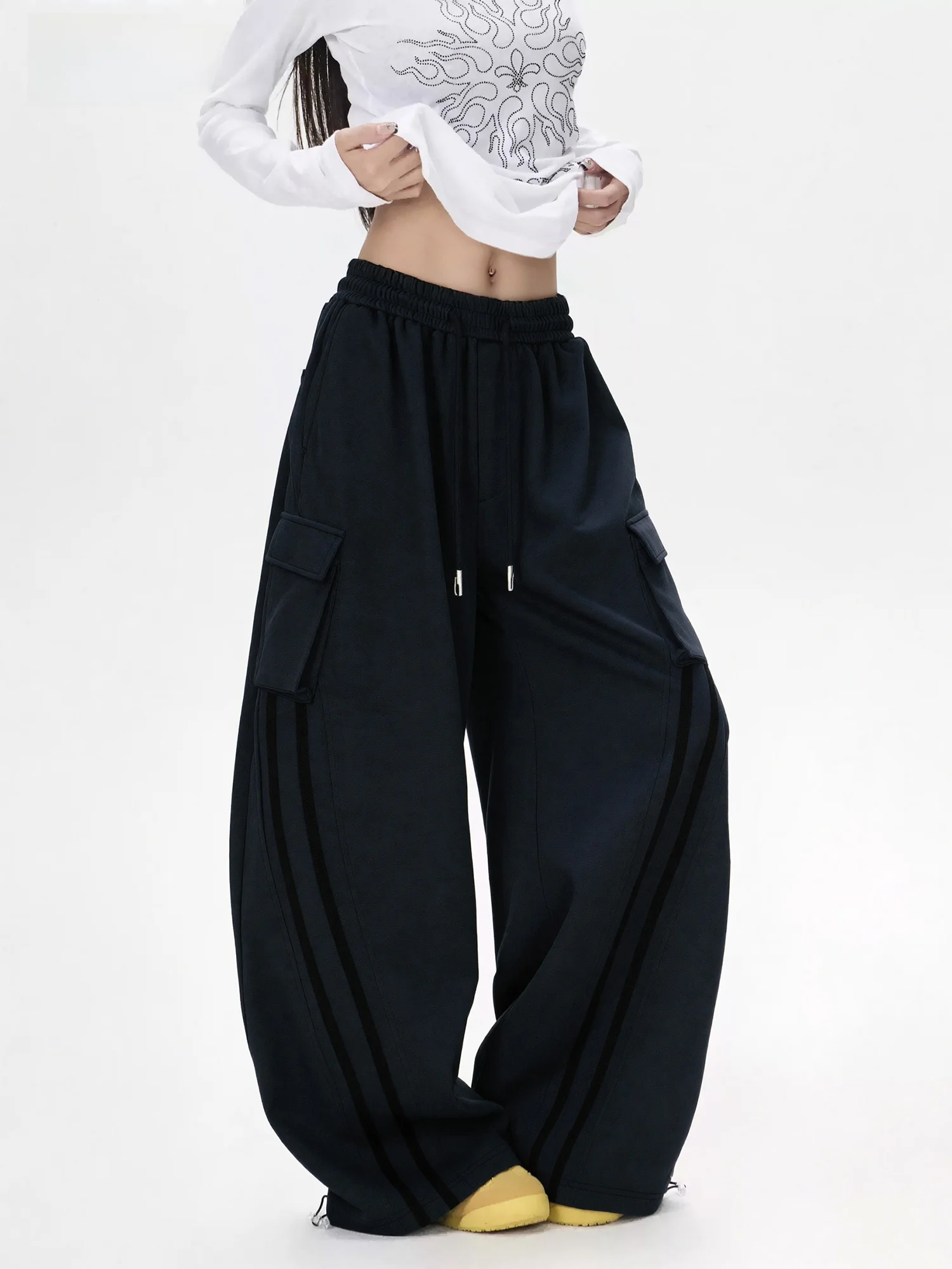 

EDX High Waist Wide Leg Casual Pants Women's Sport Slimming Patchwork Line Dstring Trousers American Sle Loose Sweatpants