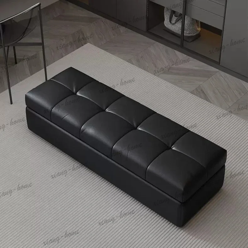 LJY Craft Pouffe Stool Japanese Storage Dopamine Leather Black End Of Bed Stool Upholstered Sofa Reposapies Furniture For House