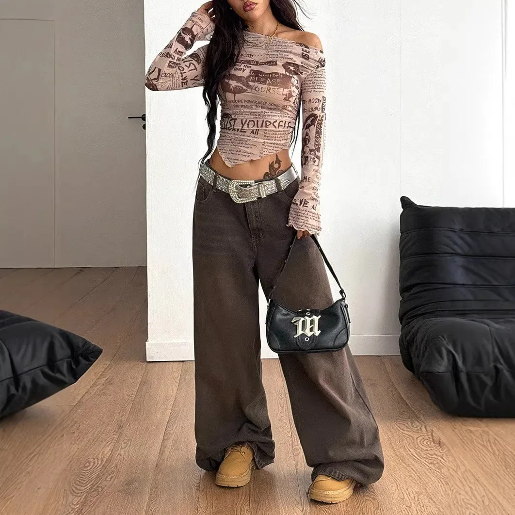 Casual Style Slim Fit Short Sleeve Women's T-shirt Cross-Border Fashion Long Sleeve Newspaper Print Off-Shoulder Top