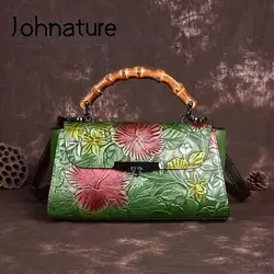 Johnature Vintage 2024 New Handmade Embossed Handbag Genuine Leather Women Bag Versatile Real Cowhide Shoulder Bags