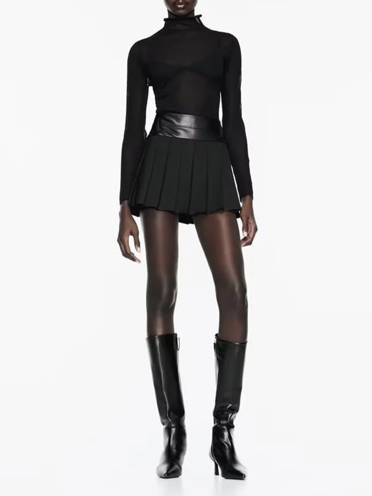 

European style new women's fashion, versatile and elegant faux leather patchwork high-waisted pleated skirt pants