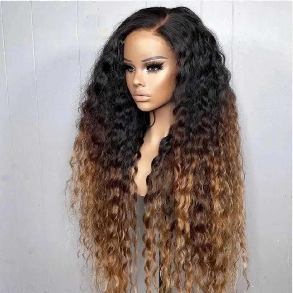 

Soft 26Inch Long Ombre Brown Blonde Kinky Curly Lace Front Wig For Women With Baby Hair Synthetic Preplucked Glueless Daily