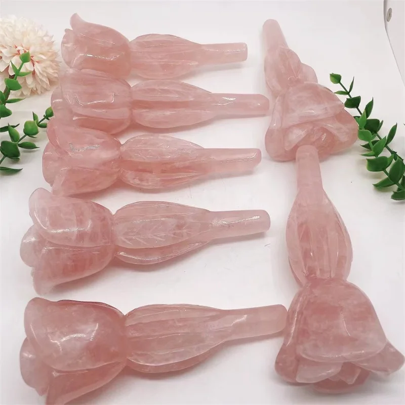 Natural Rose Quartz Flower Carving Peony Flower Energy Gem Reiki Healing Home Decoration Gift 1pcs