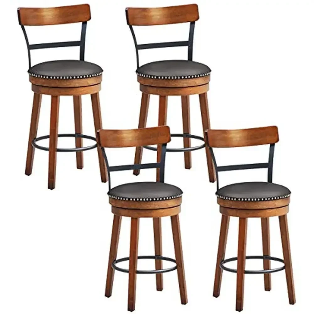 

360 Degree Swivel Bar Stools Set of 4 with Leather Padded Seat Single Slat Ladder Back Solid Rubber Wood Legs Counter Height