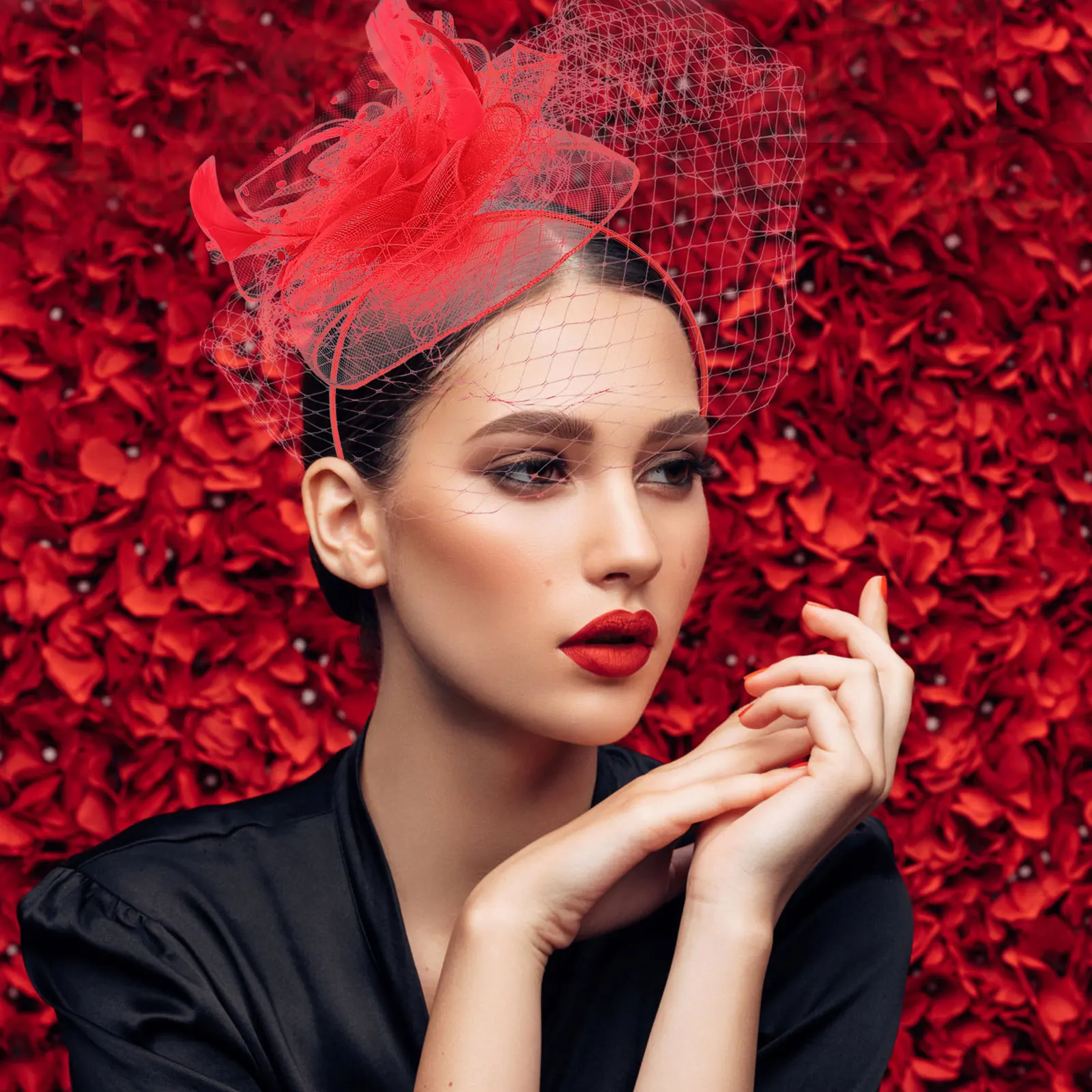 

Red Large Flower Bridal Hair Accessories Women Headdress Headpiece Tea Party Hat Bride Fascinator Wedding Banquet Props