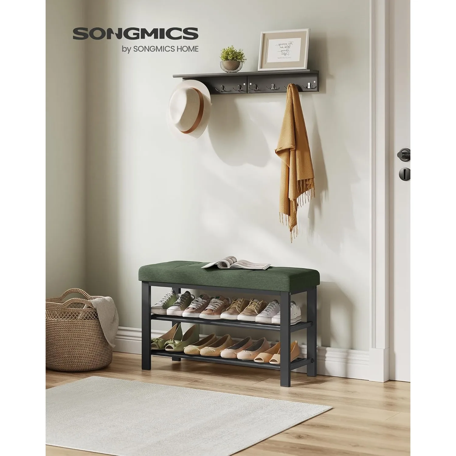 SONGMICS Shoe Storage Bench with Cushion, 3-Tier Shoe Rack for Entryway, Storage Organizer with Foam Padded Seat, Linen