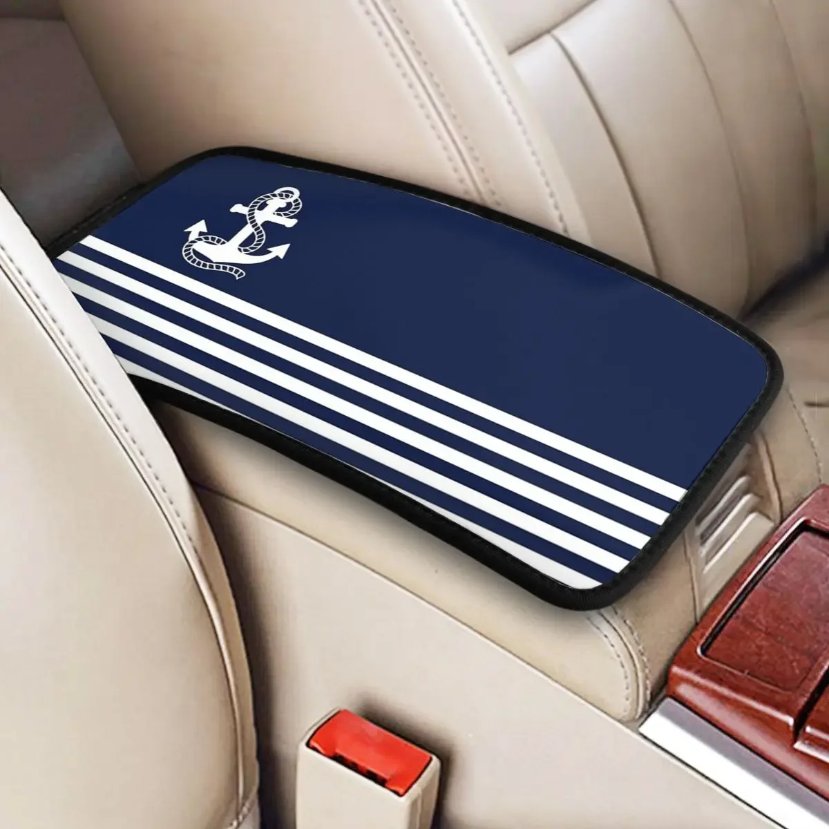 Center Console Cover Pad Nautical Navy Blue Stripes And White Anchor Car Armrest Cover Mat Car Interior Accessories