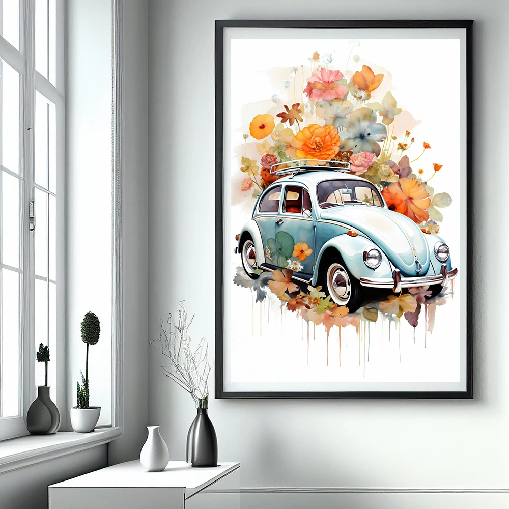 Classic Vintage Floral Car Poster And Print Boho Vehicle Watercolor Canvas Painting Supercar Graffiti Wall Art Home Room Decor