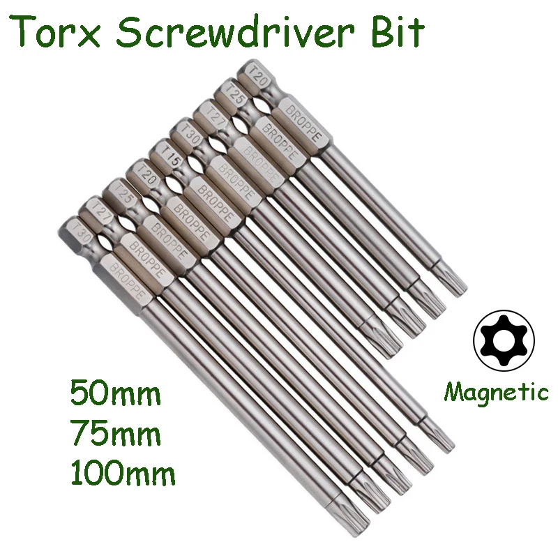 

Magnetic Torx Screwdriver Bits 1/4 ” Hex Shank 50/75/100mm Length Electric Screwdriver Bit T8 T10 T15 T20~T30 Power Driver Tool