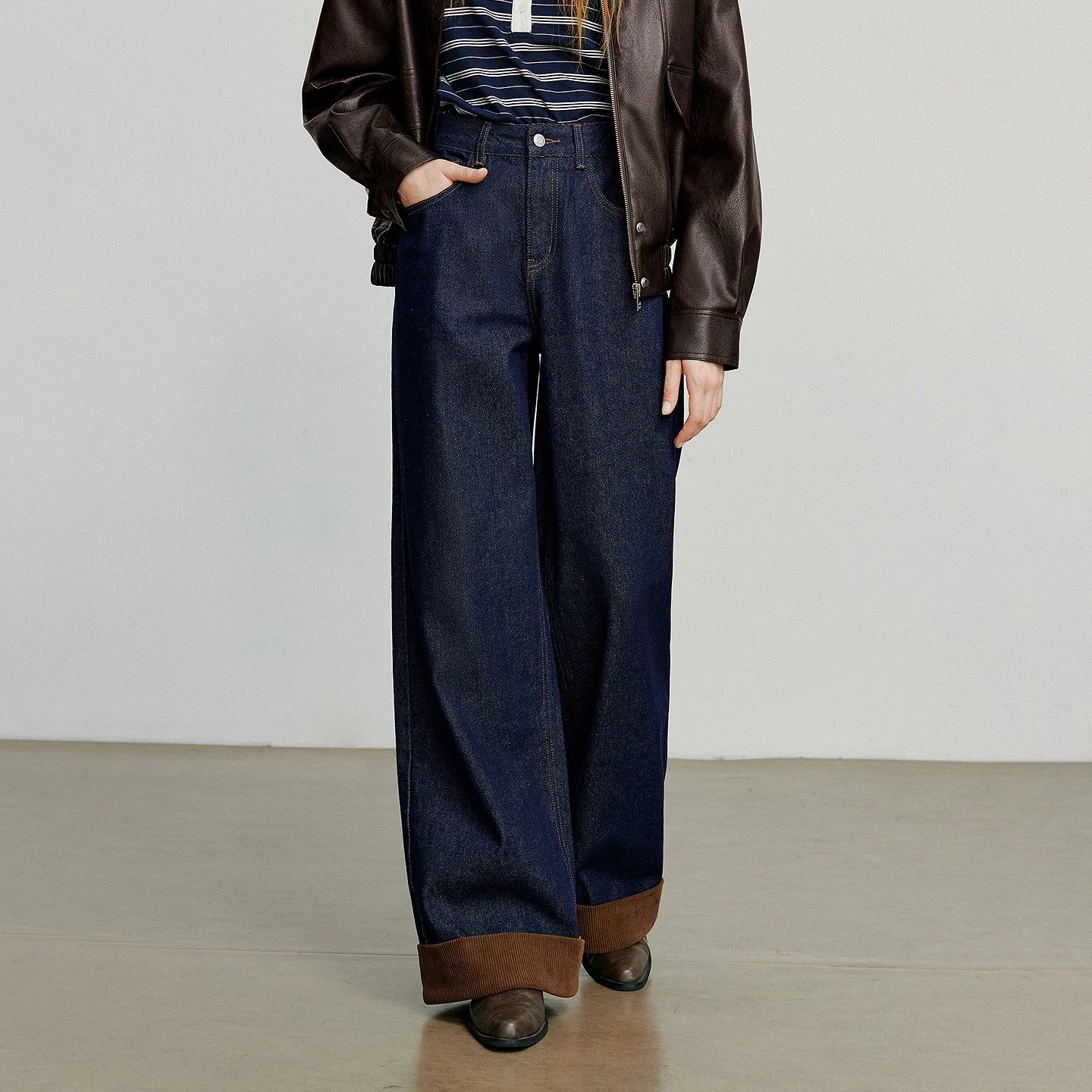 TOYOUTH النساء الدنيم السراويل واسعة الساق 2025 الخريف NewAsymmetric الرجعية اللون مكبل هيم كتلة اللون الربط تصميم #3