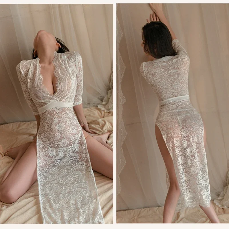 Сексуальное ночное белье БДСМ Женская одежда Сексуальное кружевное длинное платье с горячим боковым разрезом и облегающей фигуркой униформой Ночная одежда