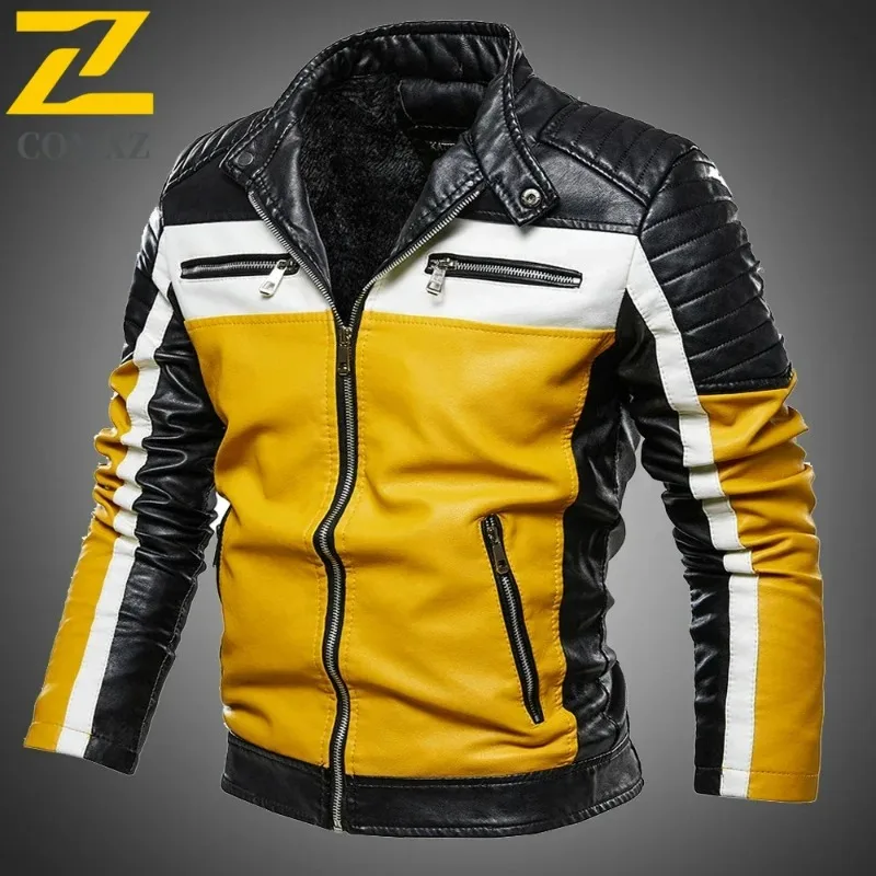 

COMXZ Men Outdoor Leather Jacket Casual Splicing Riding Windproof Zipper Coat Stand Collar Slim Fit Fur Lined Motorcycle Jackets