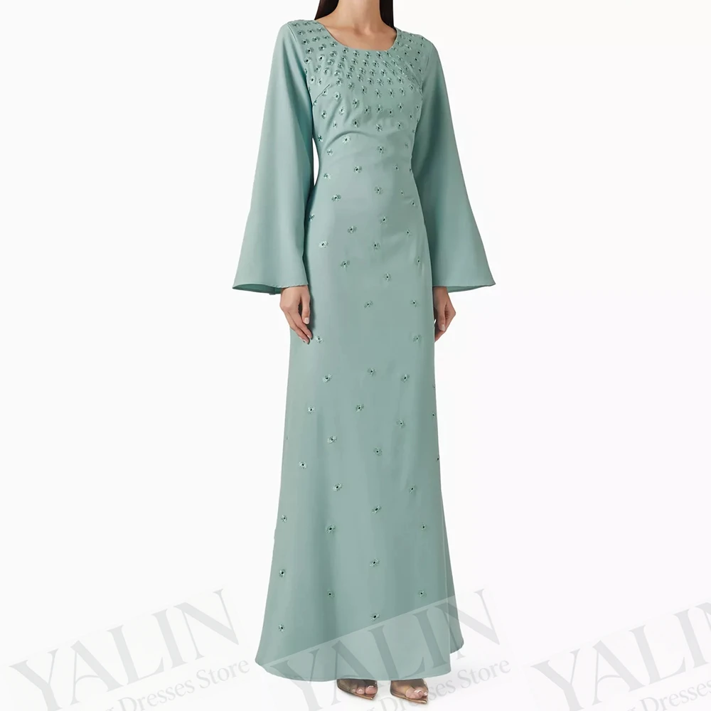 

Women's A-line Evening Dresses Ankle-length Scoop-neck Full Sleeve Prom Gown Fashion Sequined Simple Draped Customized Gowns