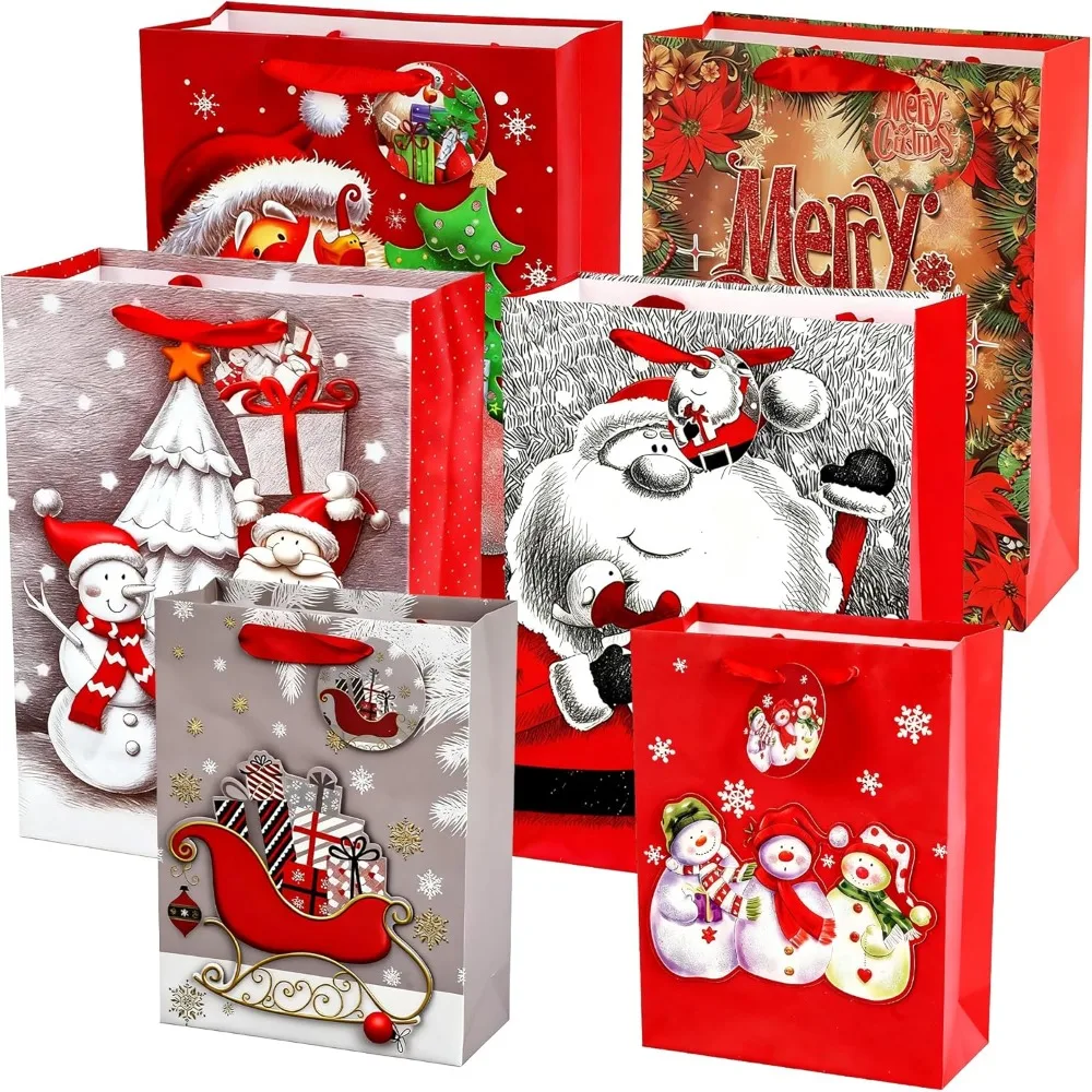 

Christmas Goody Bags 3D Stereo Bulk Christmas Extra-Hard Cardstock Treat Bags with Snowflake Ribbons Gingerbread Tree